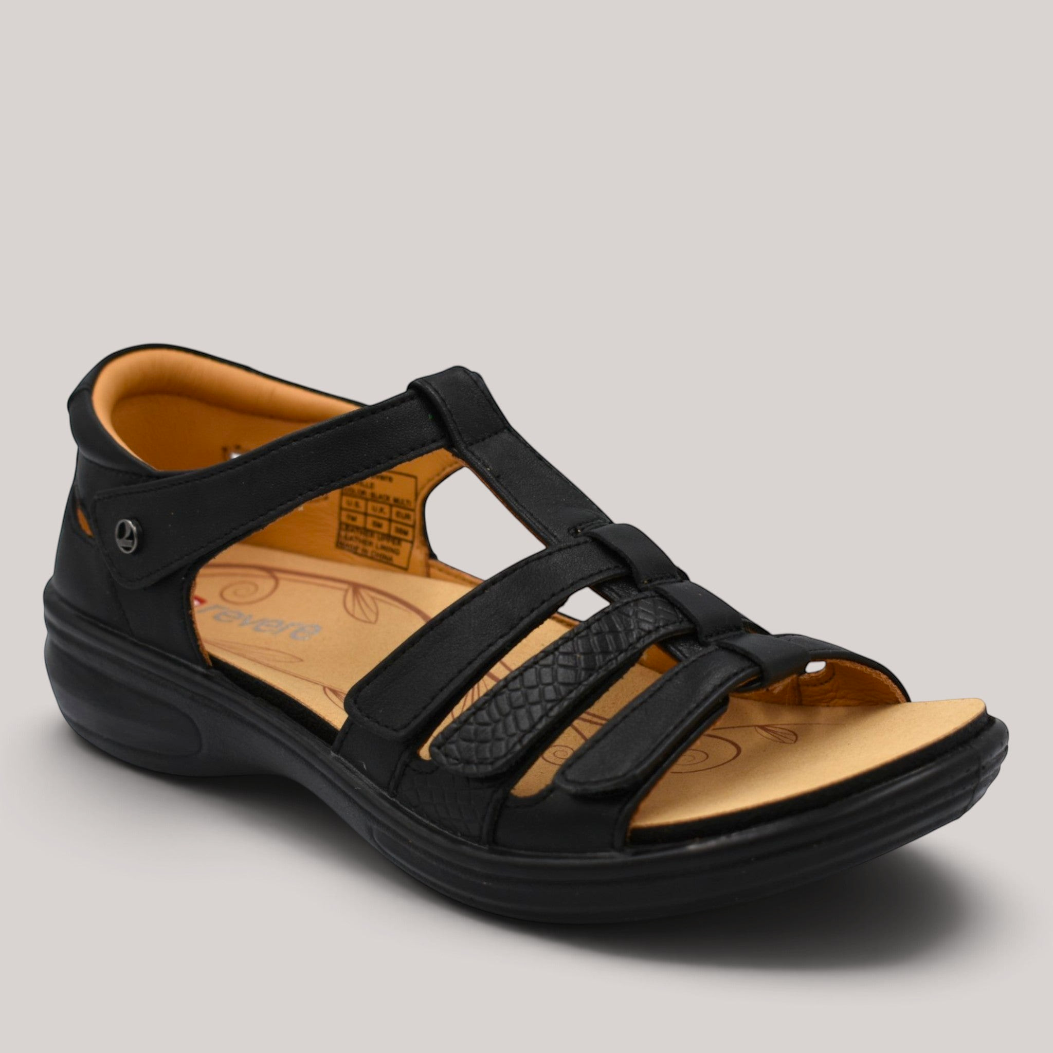 Grundy's Shoes Revere Seville black leather orthotic sandal with adjustable velcro straps and cushioned insole