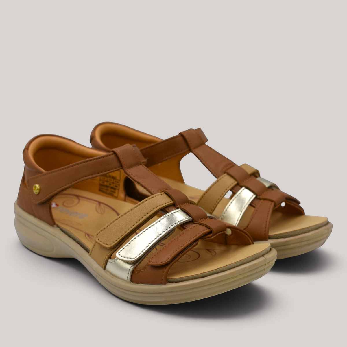 Grundy's Shoes Revere Seville orthotic-friendly leather sandals in brown and metallic tones with adjustable straps.