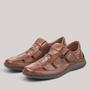 Grundy's Shoes Rieker brown leather sandals with adjustable Velcro straps and cushioned shock-absorbing soles.