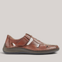 Grundy's Shoes Rieker brown smooth leather sandals with adjustable Velcro strap and cushioned shock-absorbing sole.