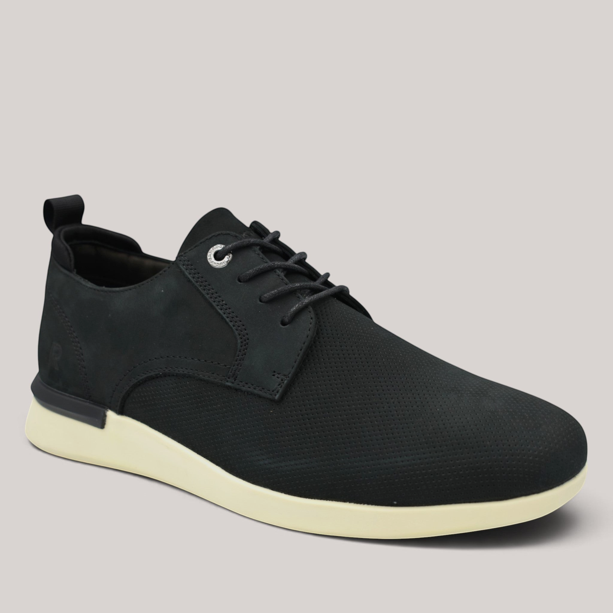 Grundy's Shoes Rockport Thorp men's black nubuck lace-up walking shoe with a white sole and perforated detailing.