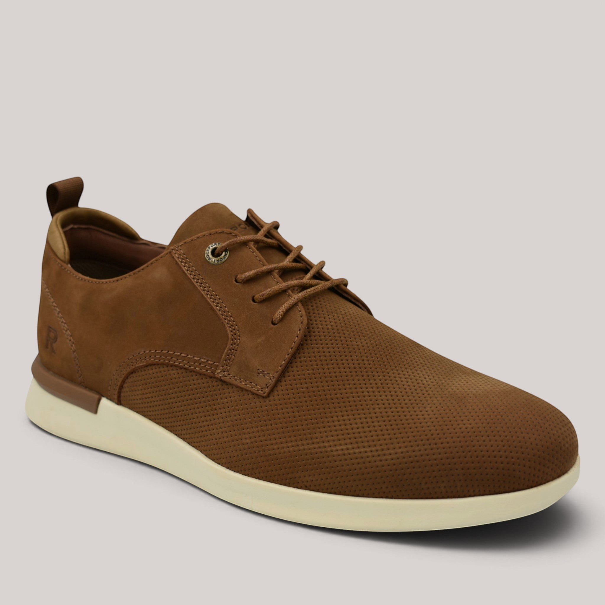 Grundy's Shoes Rockport Thorp men's brown nubuck lace-up walking shoe with perforated detail and white sole