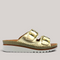 Grundy's Shoes Sala Oasis gold leather slip-on sandals with adjustable buckle straps and a cushioned platform sole.