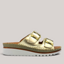 Grundy's Shoes Sala Oasis gold leather slip-on sandals with adjustable buckle straps and a cushioned platform sole.