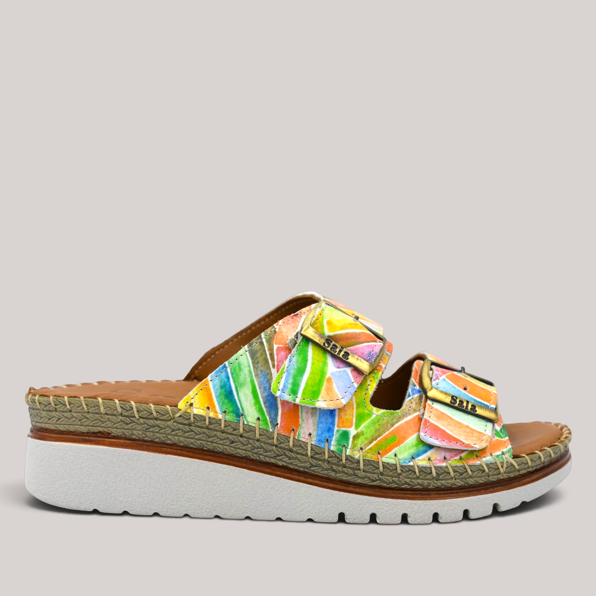 Grundy's Shoes Sala Oasis slip-on sandal in multi-colour print leather with adjustable straps and platform sole