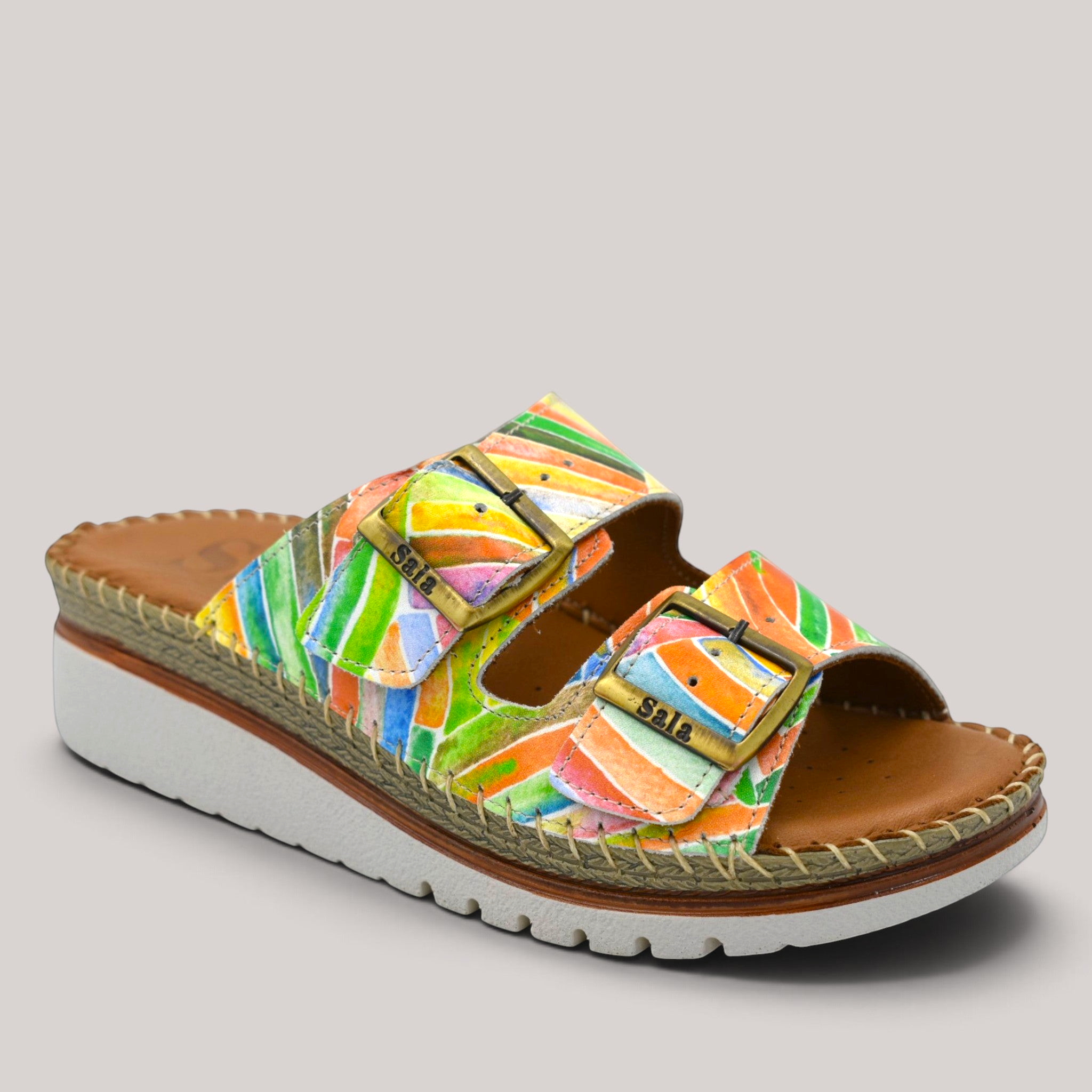 Grundy's Shoes Sala Oasis slip-on sandal in multi-coloured print leather with adjustable straps and platform sole