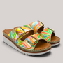 Grundy's Shoes Sala Oasis slip-on sandals in multi-coloured geometric print leather with adjustable buckle straps.