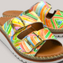 Grundy's Shoes Sala Oasis slip-on sandals in multi-coloured geometric print leather with adjustable buckle straps.