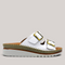 Grundy's Shoes Sala Oasis white leather slip-on sandals with adjustable buckles and a cushioned platform sole.