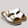 Grundy's Shoes Sala Oasis white leather slip-on sandals with adjustable buckles and cushioned platform soles.