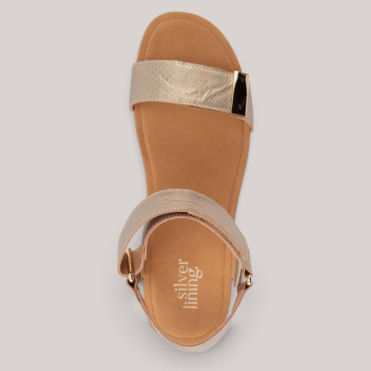Grundy's Shoes Silver Lining Utica metallic gold leather sandal with dual velcro straps and contoured footbed