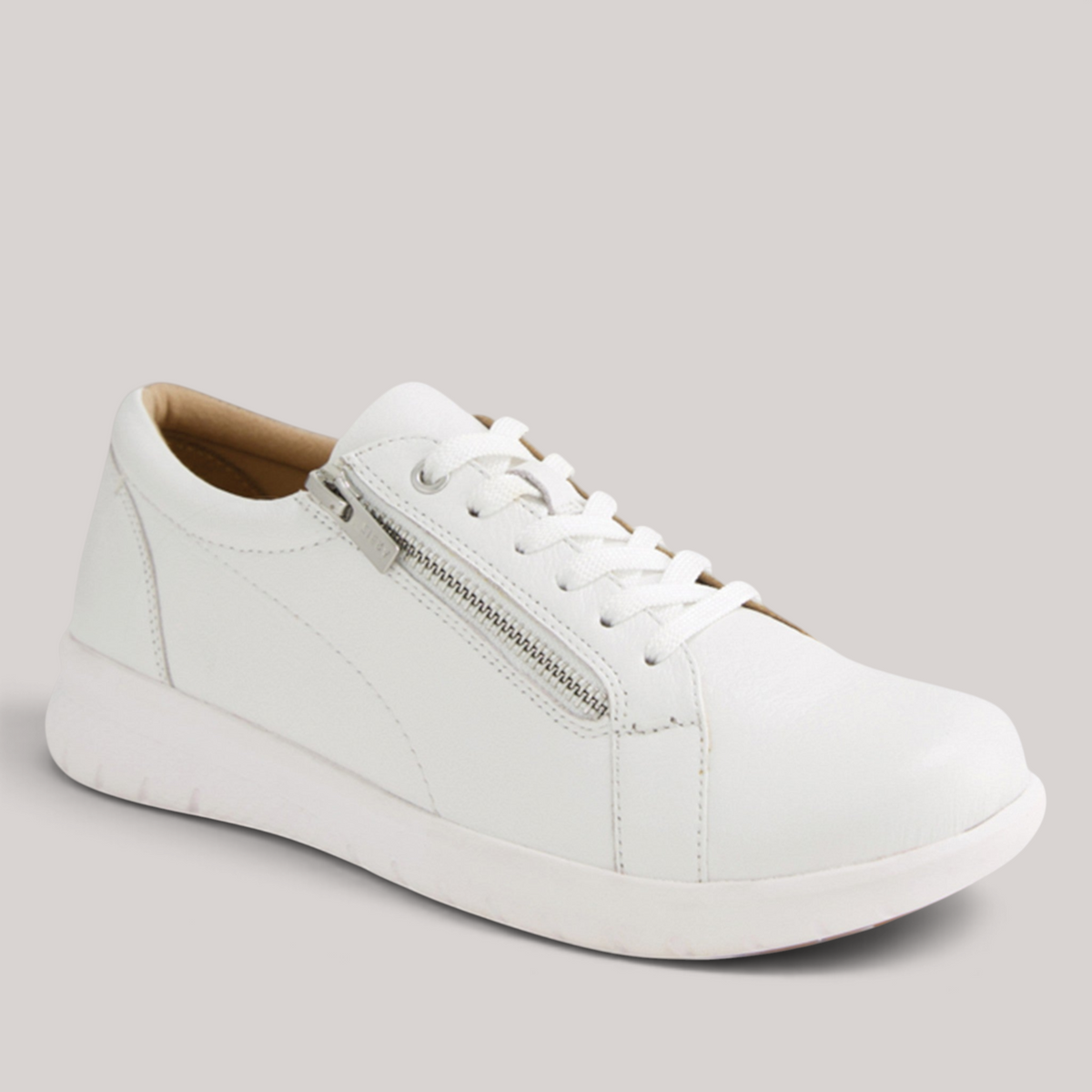 Grundy's Shoes Ziera Solar white leather slip-on sneakers with side zip and orthotic-friendly arch support