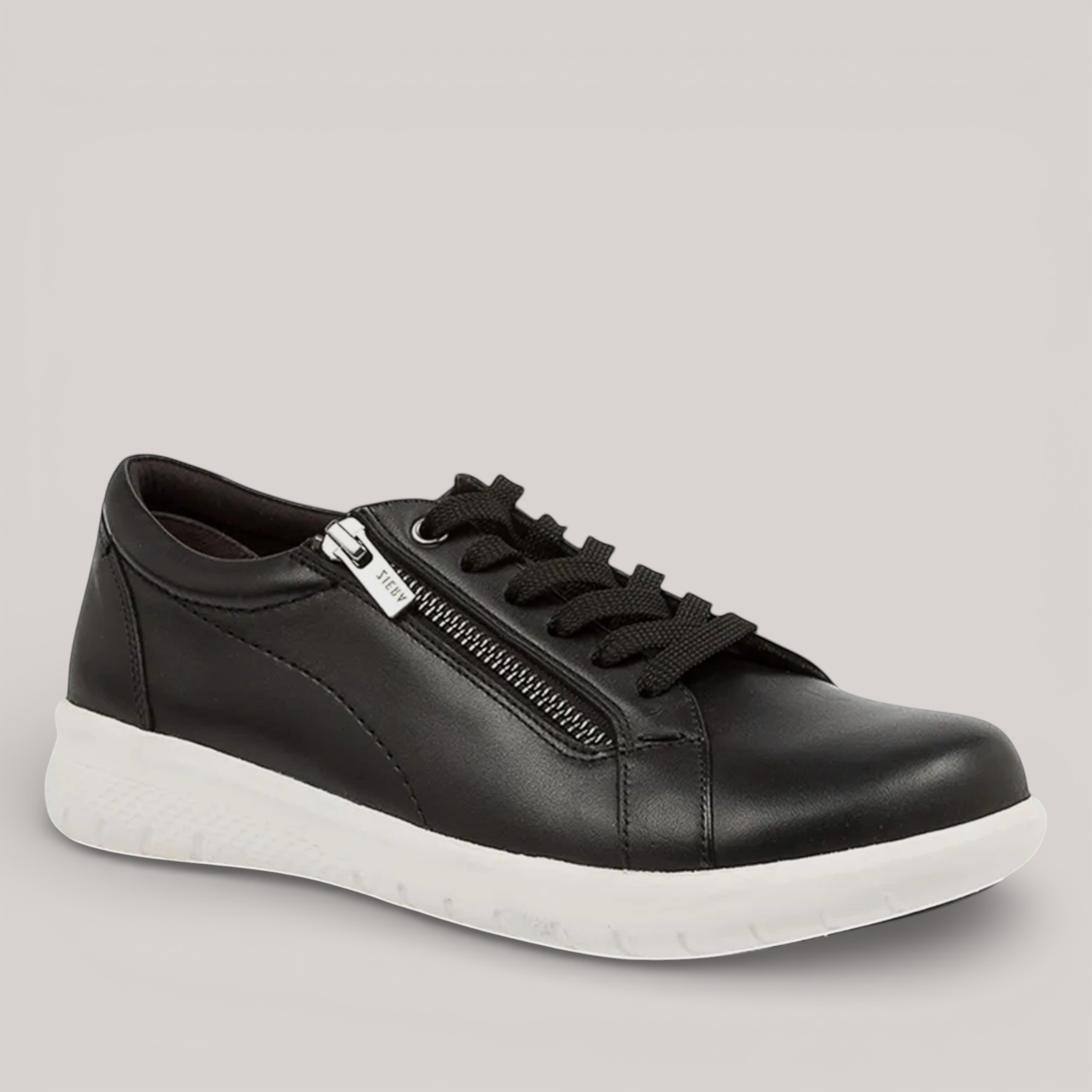 Grundy's Shoes Ziera Solar black leather slip-on sneakers with side zip and white ergonomic sole