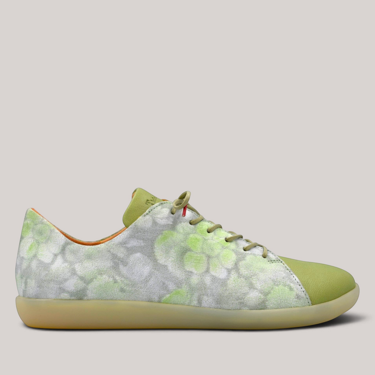 Grundy's Shoes Think 000946 lace-up sneaker in sage green and grey with a patterned leather upper and gum sole.