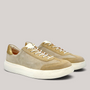 Grundy's Shoes Think lace-up sneaker in beige suede and nubuck leather with a gold heel tab and white rubber sole.