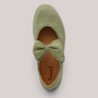 Grundy's Shoes Think 001290 sage green nubuk leather Mary-Jane shoe with a decorative bow and velcro strap