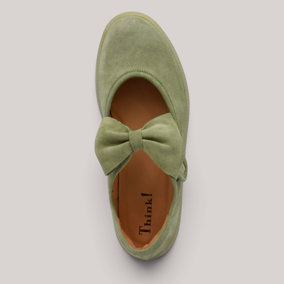 Grundy's Shoes Think 001290 sage green nubuk leather Mary-Jane shoe with a decorative bow and velcro strap