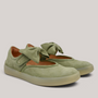 Grundy's Shoes Think 001290 olive green nubuck leather Mary-Jane shoes with a decorative bow and velcro strap.