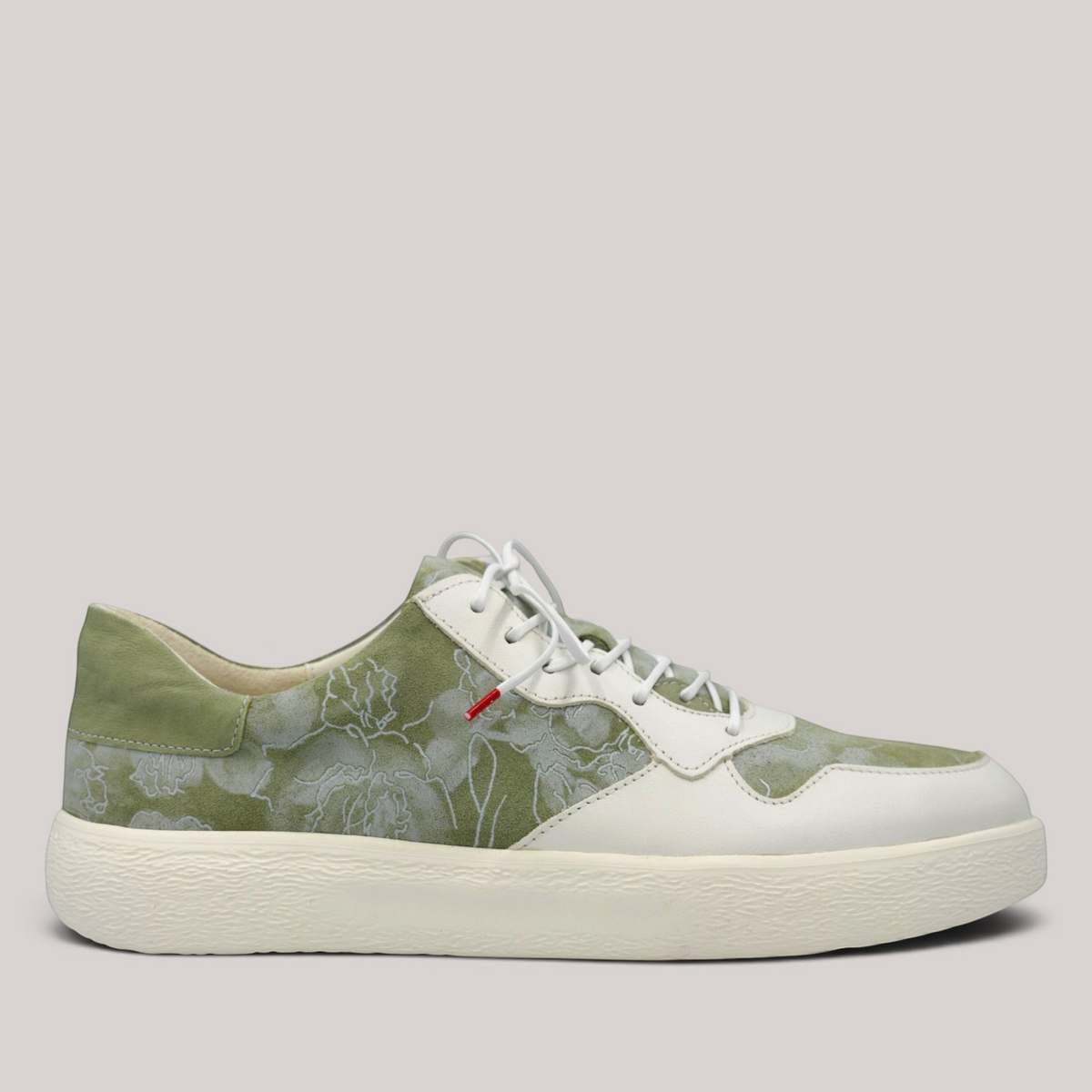 Grundy's Shoes Think 001303 lace-up sneaker in sage green and white floral nubuck and smooth leather