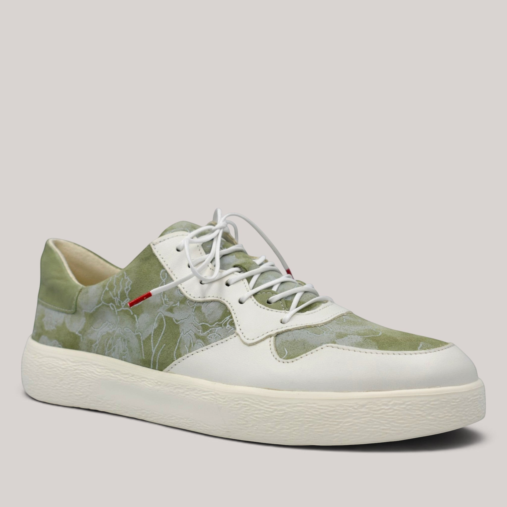 Grundy's Shoes Think 001303 lace-up sneaker in sage green and white floral nubuck and smooth leather