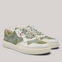 Grundy's Shoes Think 001303 lace-up sneakers in sage green and cream leather with a floral pattern and white soles.