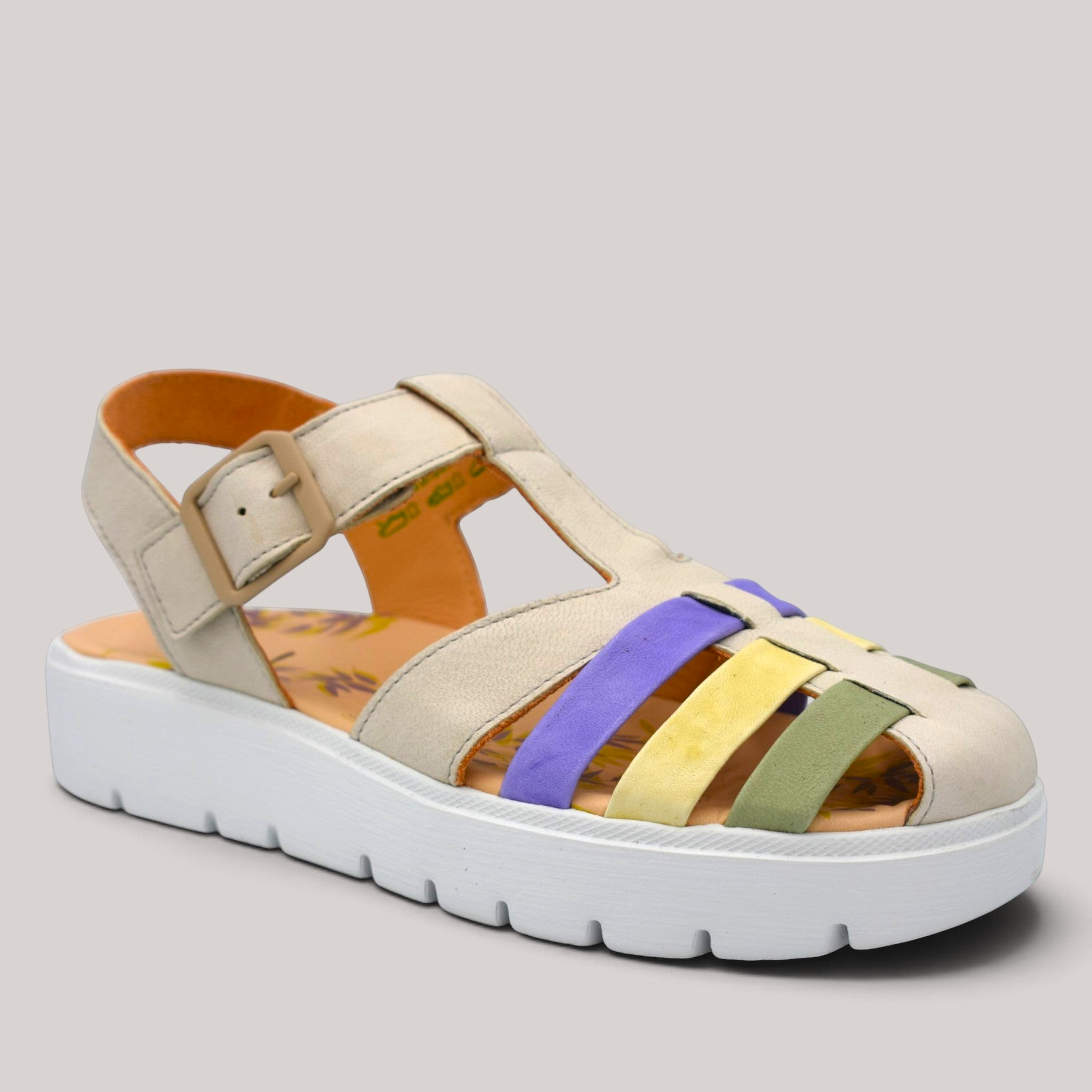 Grundy's Shoes Think closed toe sandal with beige leather, colourful t-bar straps, and a white platform sole.