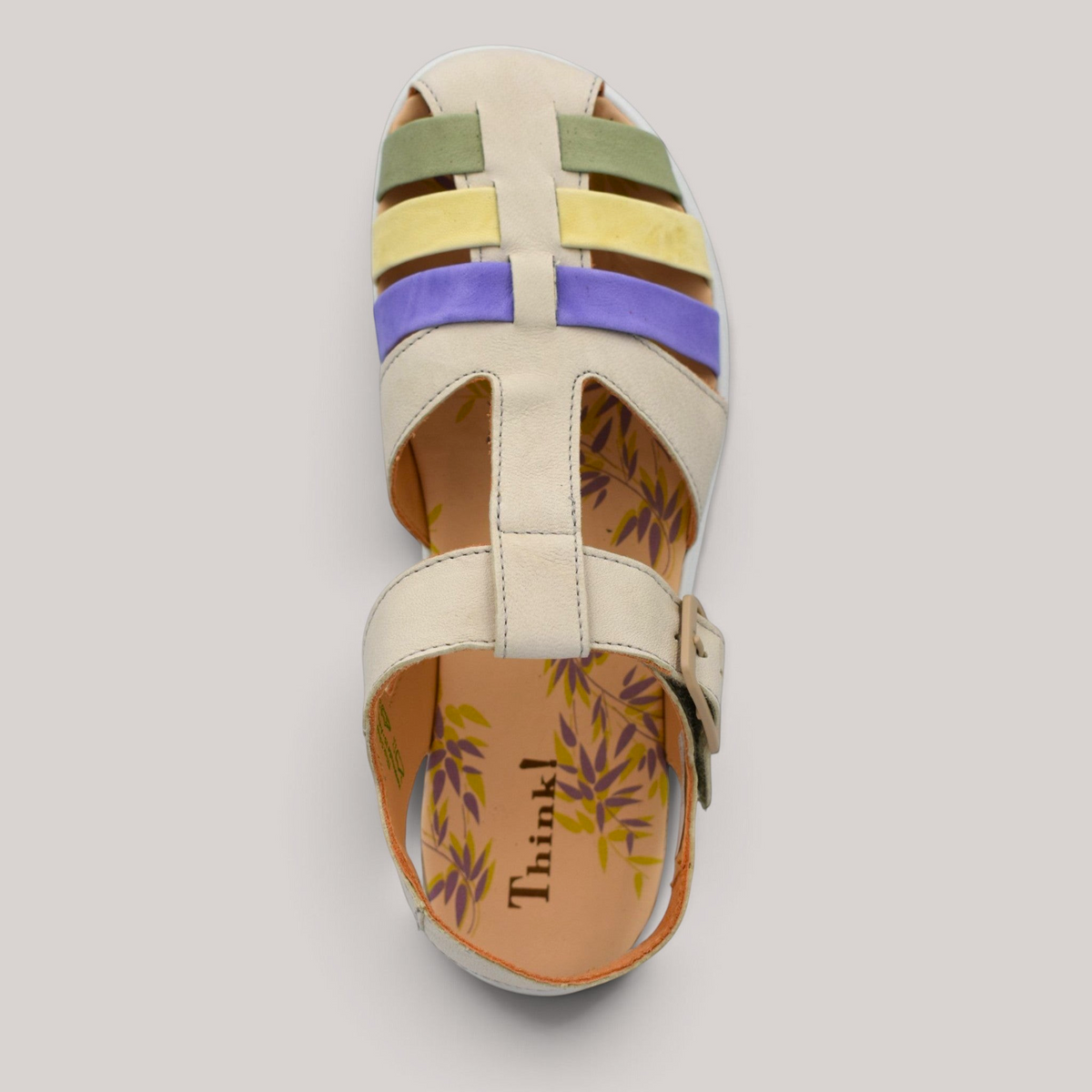 Grundy's Shoes Think 001342 closed toe sandal with colourful leather straps, t-bar design, and cushioned footbed.