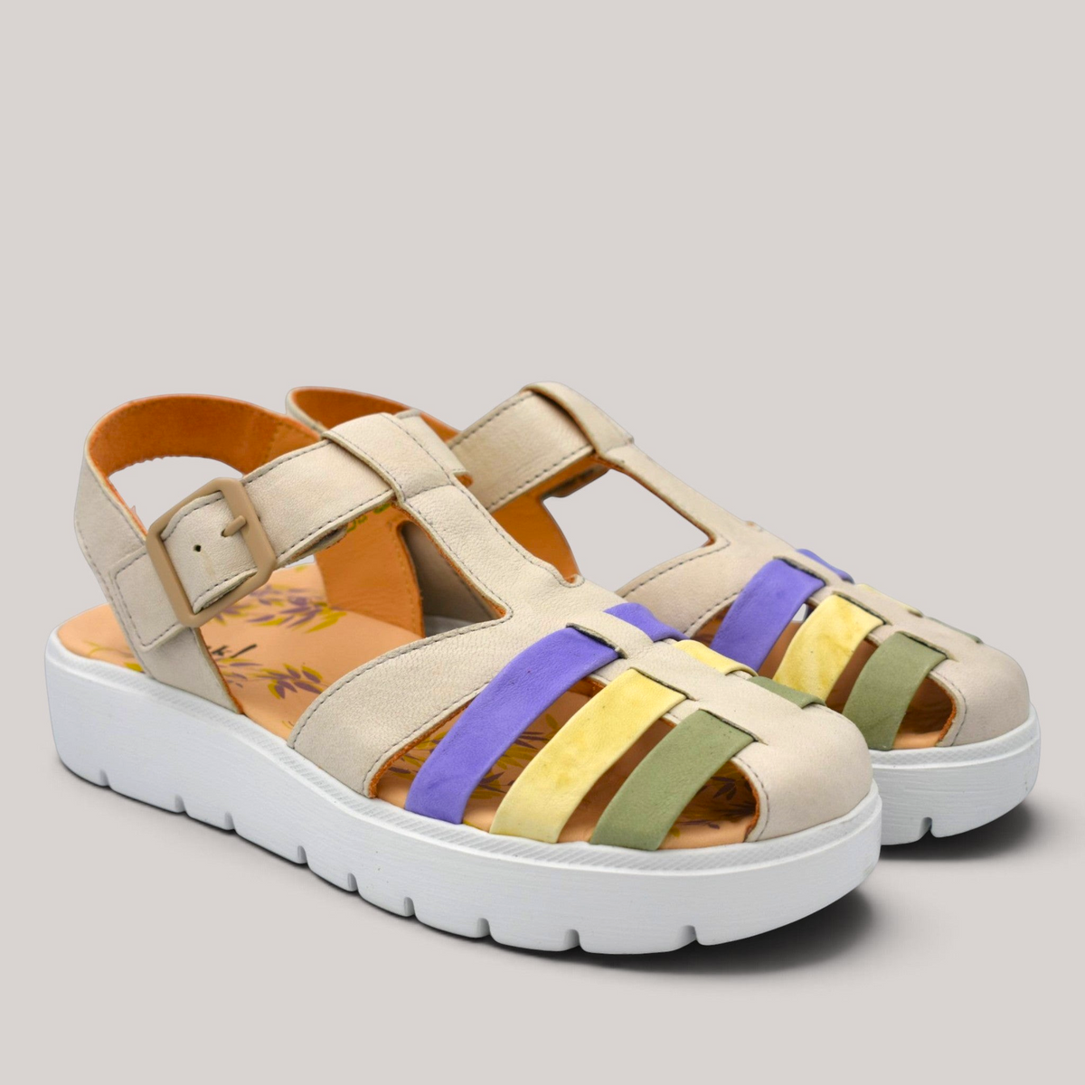 Grundy's Shoes Think 001342 leather closed toe sandals featuring colourful straps, a platform sole, and Velcro closure.