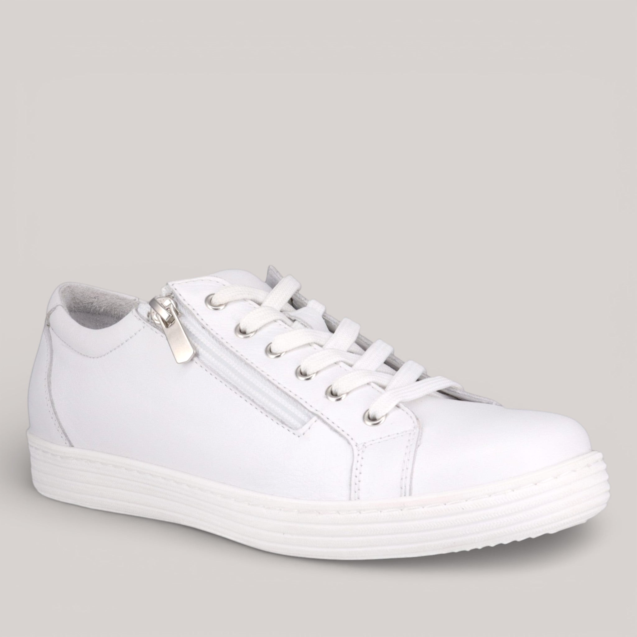 Grundy's Shoes Cabello Unity white leather sneaker with side zip, lace-up closure, and padded collar.