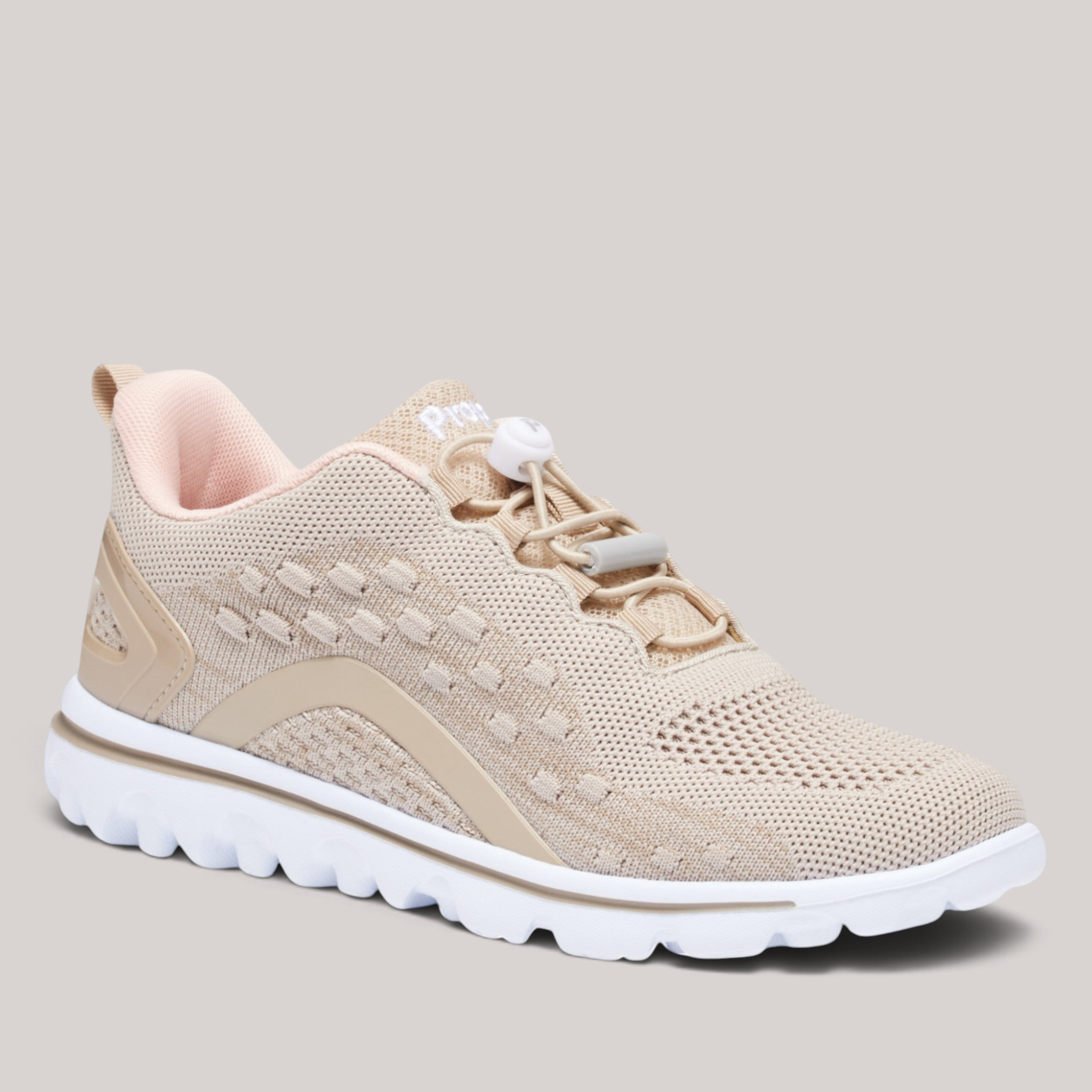 Grundy's Shoes Propet Travel Active beige engineered mesh sneaker with adjustable toggle and white EVA rubber sole