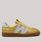 Grundy's Shoes Wonders 2001 gold textured leather sneaker with white logo detail and caramel rubber sole