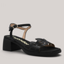 Grundy's Shoes Wonders 2301 black leather sandals with floral die-cut vamp, adjustable buckle strap, and block heel.