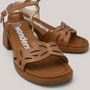 Grundy's Shoes Wonders 2301 tan leather sandals with floral die-cut vamp, adjustable strap, and cushioned sole.
