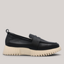 Grundy's Shoes Wonders 4410 black leather loafers with a chunky beige WondersFly sole and rear pull tab