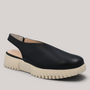 Grundy's Shoes Wonders 4411 black leather slingback shoes with a lightweight beige platform sole and open back design.