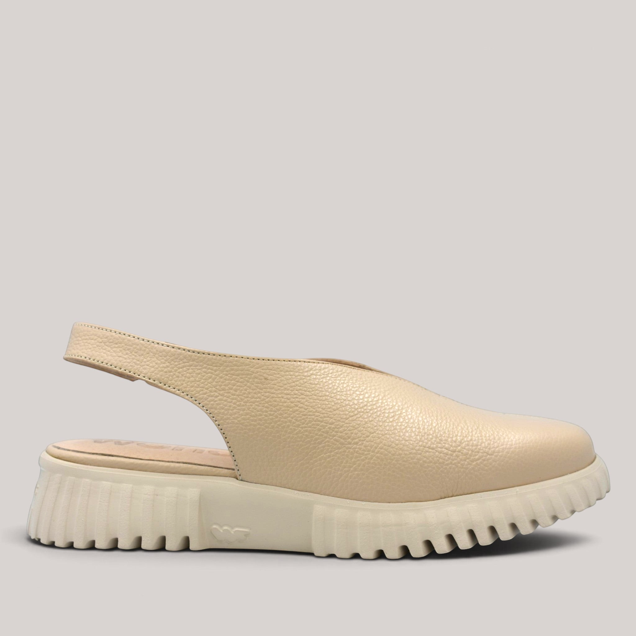Grundy's Shoes Wonders 4411 beige leather slingback shoes with a lightweight platform sole and open back design.