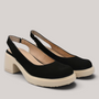 Grundy's Shoes Wonders 7132 black nubuk leather slingback shoes with a chunky beige platform heel and elastic strap.