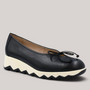 Grundy's Shoes Wonders 7621 black leather ballet wedge with a white serrated sole and delicate bow detail