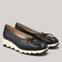 Grundy's Shoes Wonders 7621 black leather ballet wedge shoes with a signature bow and white slip-resistant sole