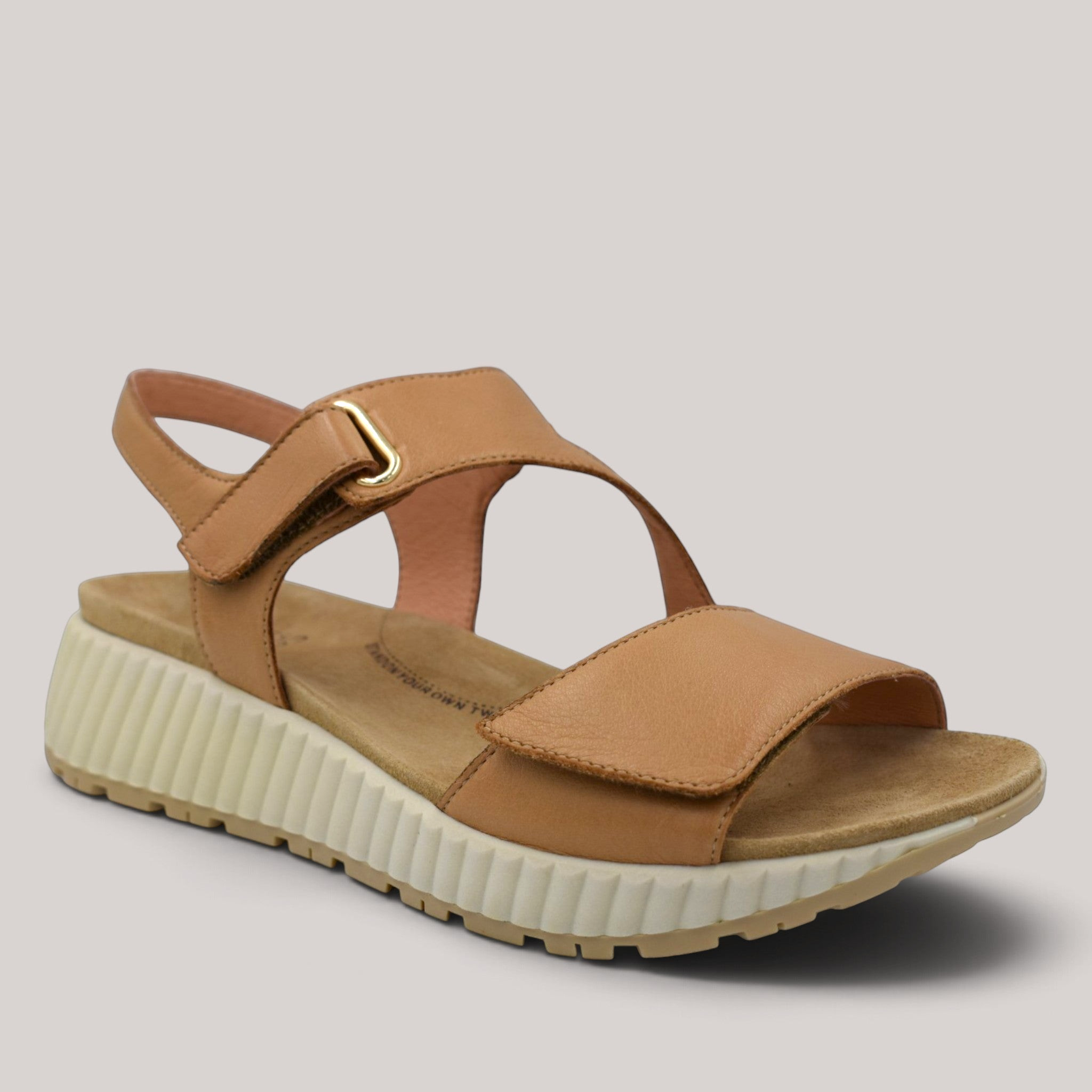 Grundy's Shoes Ziera Lanne tan leather platform sandal with adjustable velcro straps and cushioned footbed
