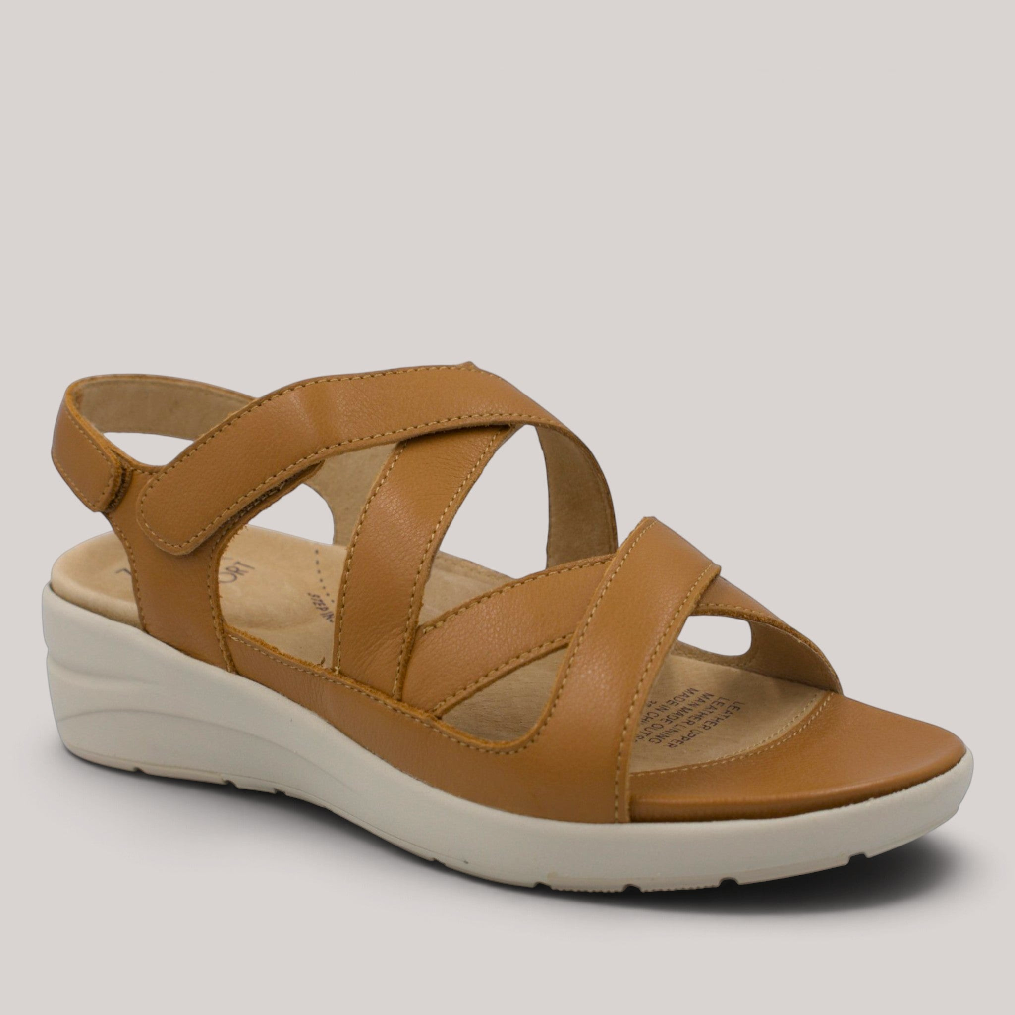 Grundy's Shoes Ziera Navla tan leather platform sandals with adjustable velcro straps and supportive footbed