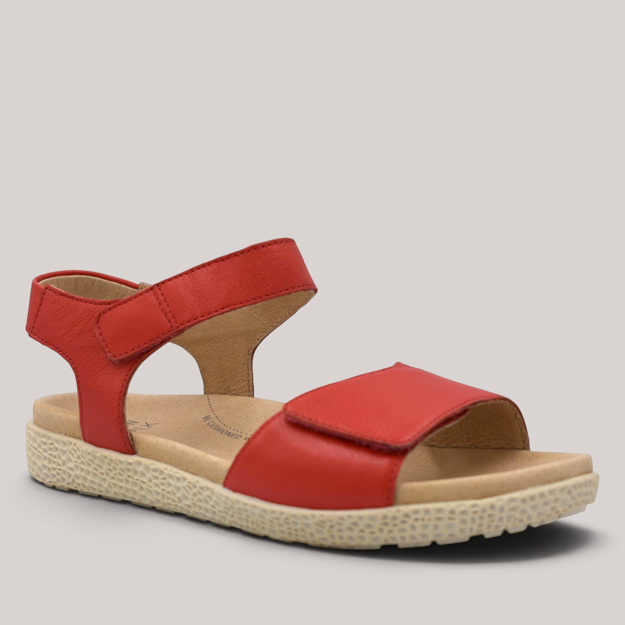 Grundy's Shoes Ziera Rikko red leather sandals with adjustable Velcro straps and cushioned foam footbed