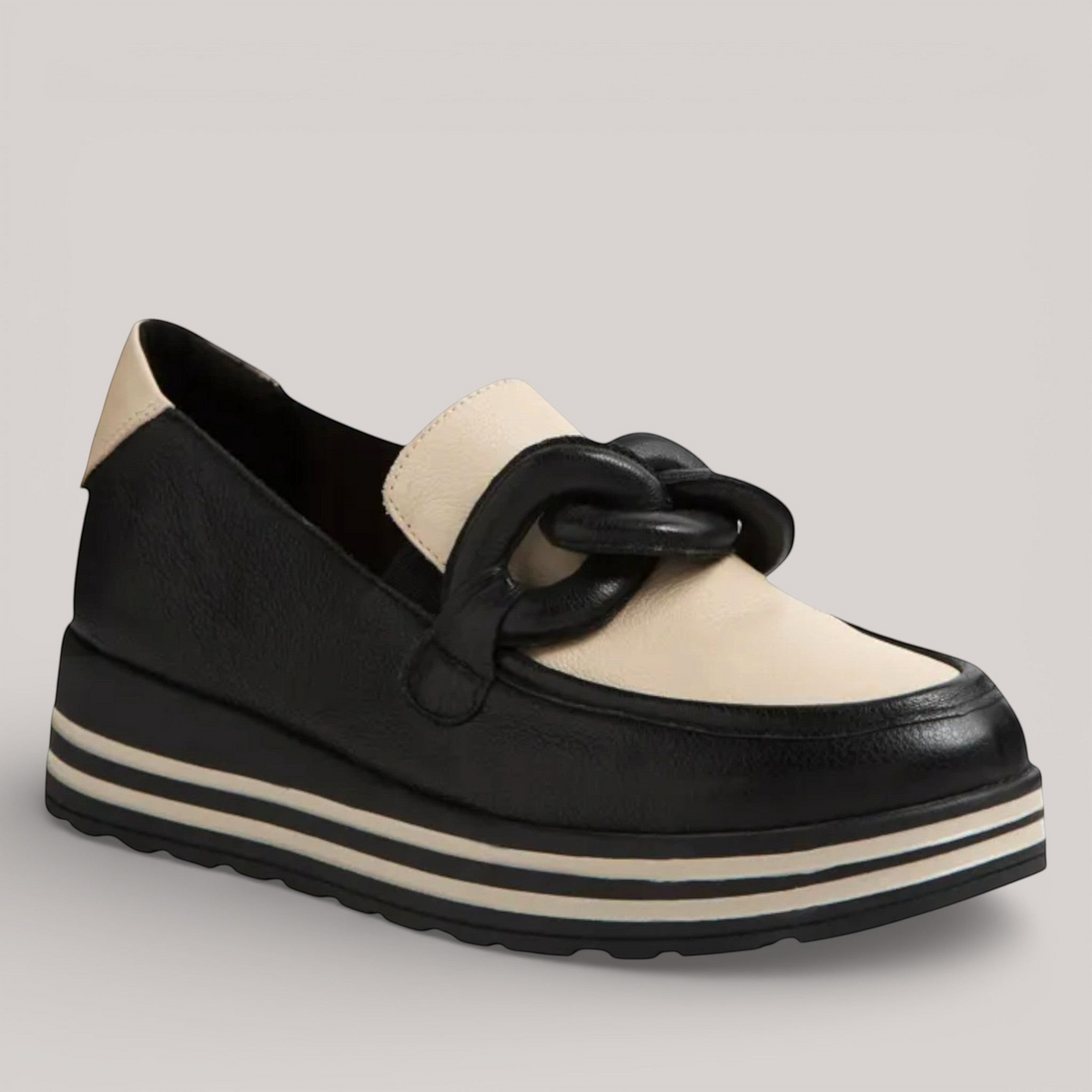 Grundy's Shoes Ziera Vyrons black and cream leather loafer with a chunky chain detail and striped platform sole.