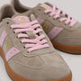 Grundy's Shoes Goodsole 2001 Parallel women's sneaker in taupe suede with pink accents and a brown gum sole.