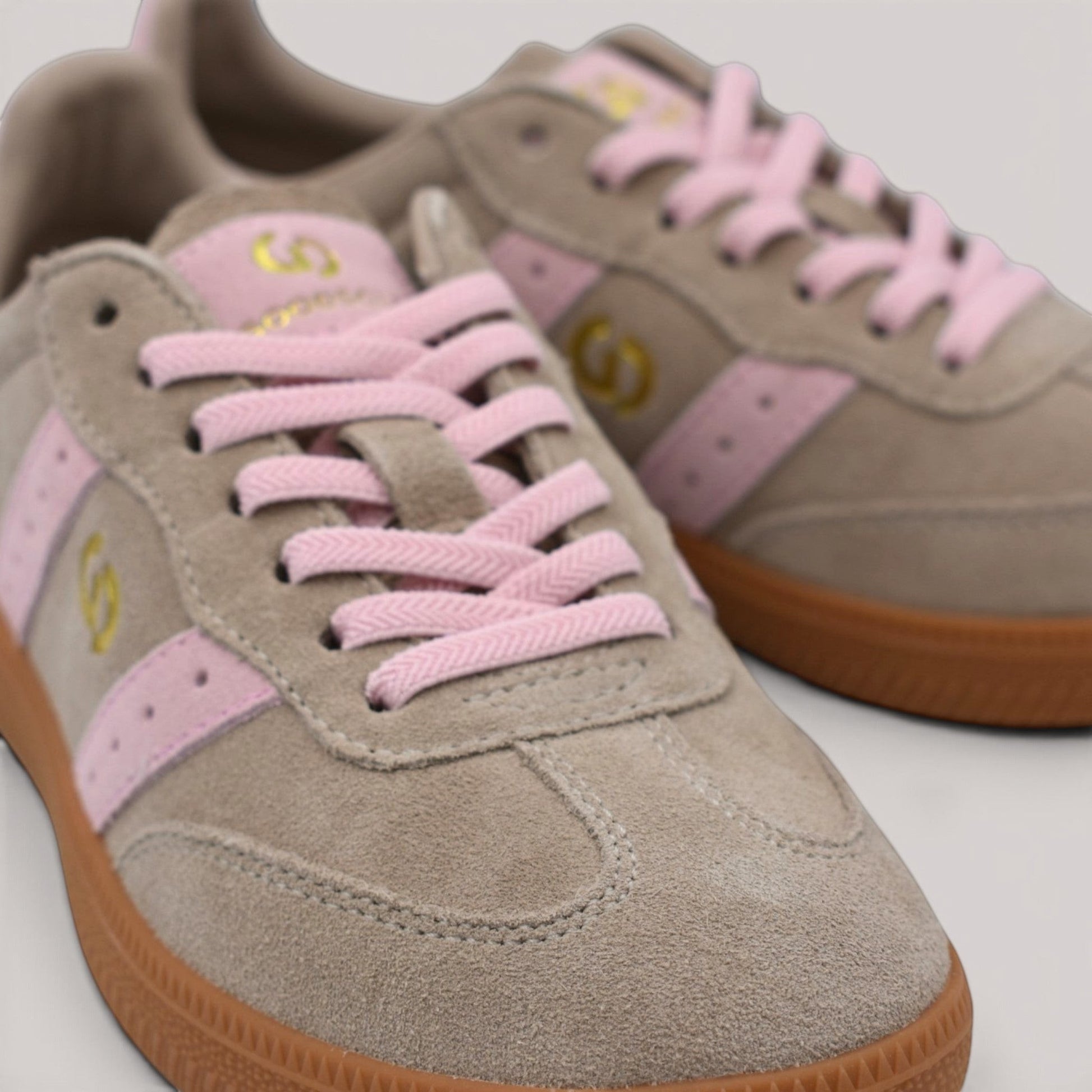 Grundy's Shoes Goodsole 2001 Parallel women's sneaker in taupe suede with pink accents and a brown gum sole.