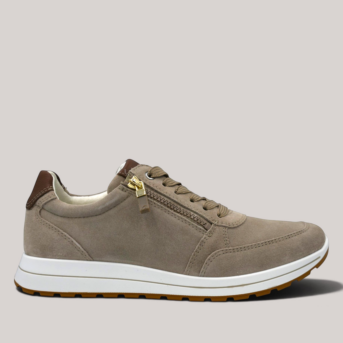 Grundy's Shoes Ara Matteo 2.0 taupe suede lace-up sneaker with side zip and white rubber sole