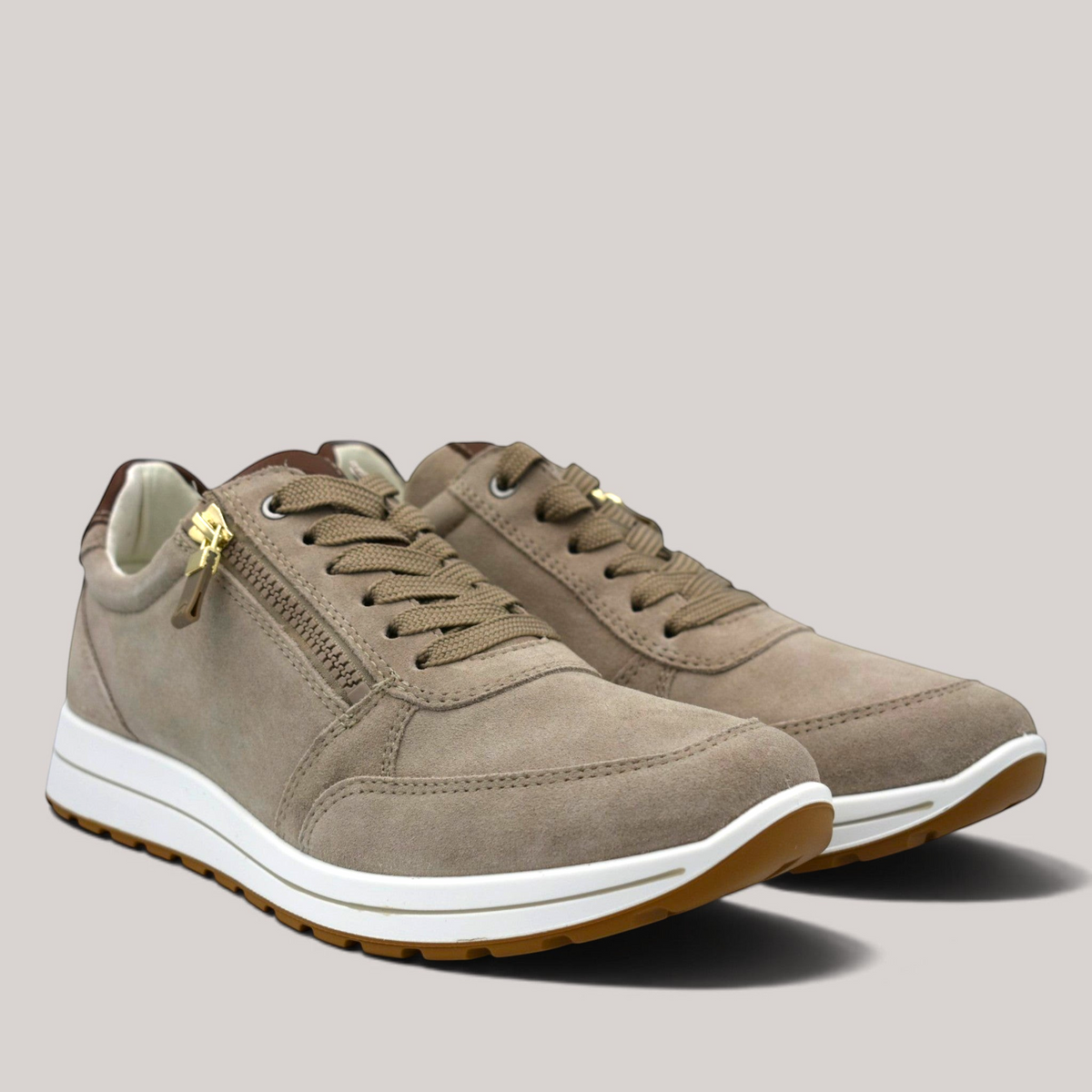Grundy's Shoes Ara Matteo 2.0 taupe suede lace-up sneakers with side zip and white rubber sole