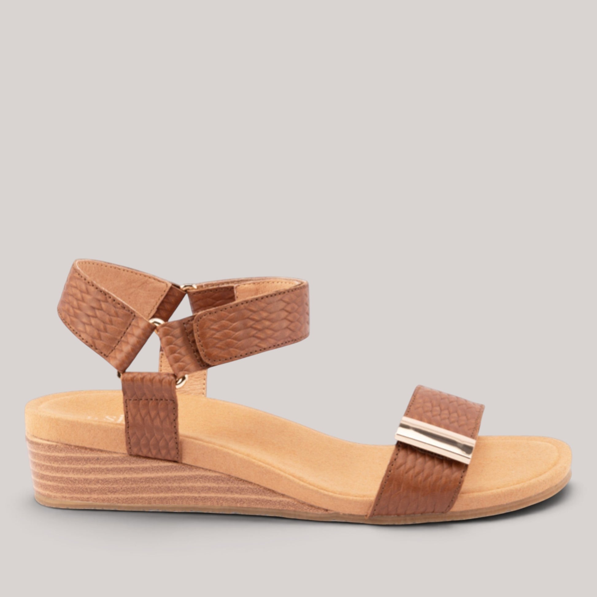 Grundy's Shoes Silver Lining Utica brown leather wedge sandals with dual velcro straps and contoured footbed