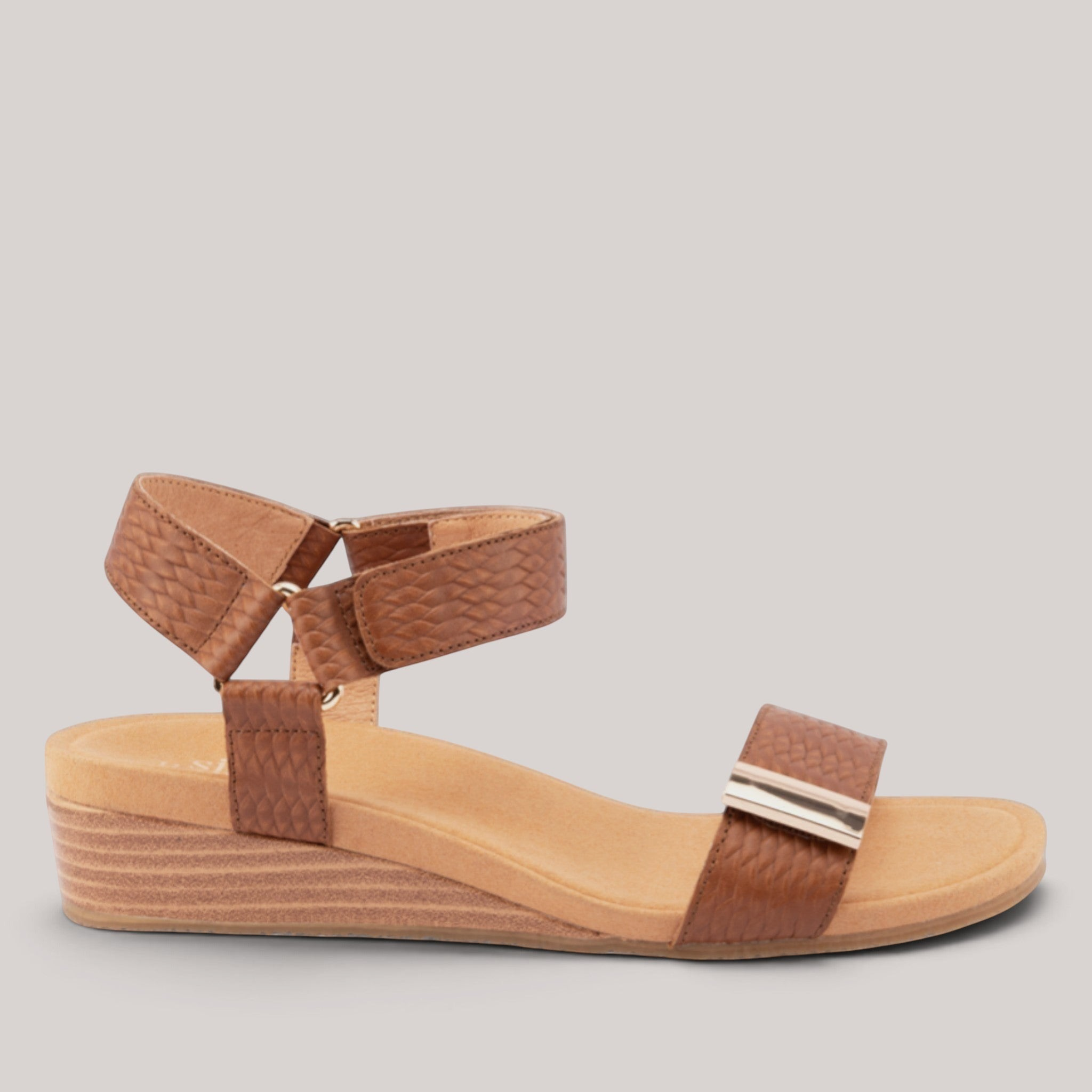 Grundy's Shoes Silver Lining Utica brown leather wedge sandals with dual velcro straps and contoured footbed