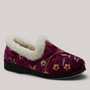 Grundy's Shoes Panda Emille burgundy microsuede slipper with white faux wool trim and floral embroidery